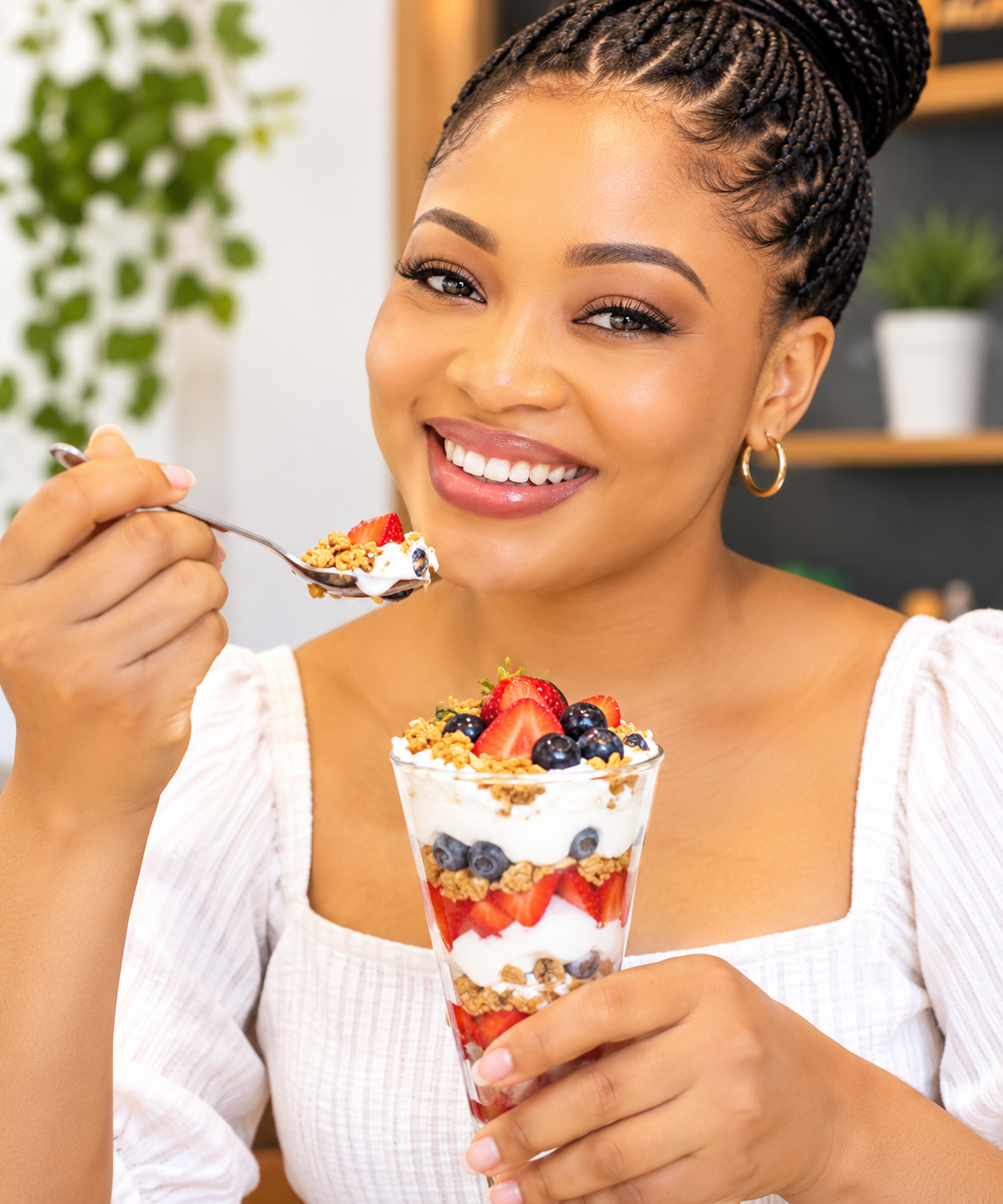 A smiling woman enjoying a Graceton Foods parfait at a gathering